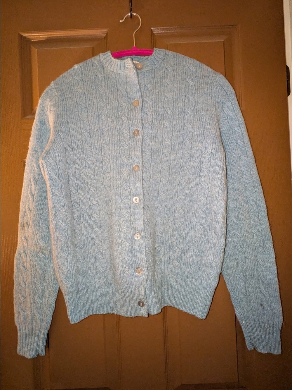 Light Blue Scottish Shetland Wool Cable-Knit Button-Front Cardigan for Women